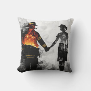 Cojín Decorativo Arte de silueta de pareja de bombero y enfermera