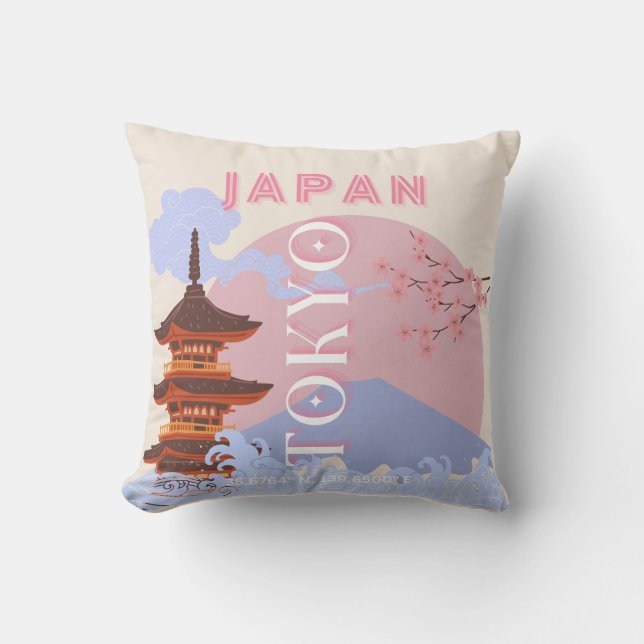 Cojín Decorativo Arte de viaje de Tokio Japón, Arte de viaje retro, (Anverso)