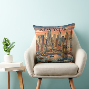 Cojín Decorativo Arte de viaje vintage del horizonte de Nueva York