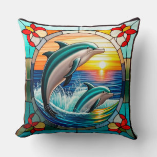 Cojín Decorativo Arte de Vidrio Pintado con Delfines Saltando al At