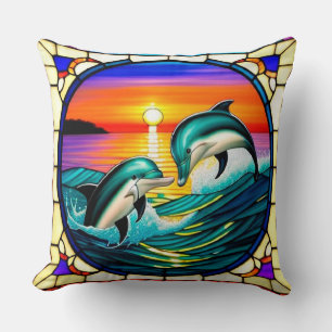 Cojín Decorativo Arte de vidrio teñido con delfines saltando al ata