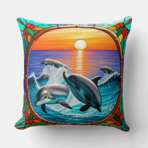 Cojín Decorativo Arte de vidrio teñido con delfines saltando al ata