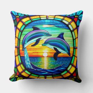 Cojín Decorativo Arte de Vidrio Teñido con Delfines Saltando al Ata