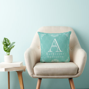 Cojín Decorativo Arte Deco Monograma Azul Turquesa