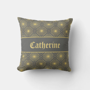 Cojín Decorativo Arte Deco Personalizado Gris y Amarillo Nombre Geo