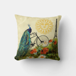 Cojín Decorativo Arte del pavo real del vintage con la torre Eiffel