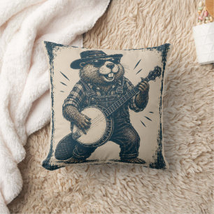 Cojín Decorativo Arte divertido de música country vintage de castor