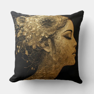 Cojín Decorativo Arte dorado elegante del perfil de una mujer