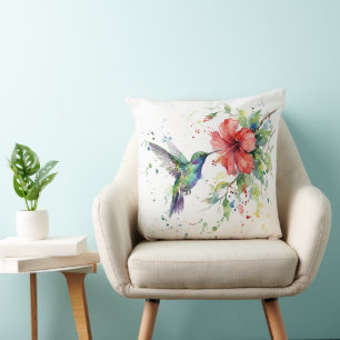 Cojín Decorativo Arte floral acuarela de colibrí colorido de la nat
