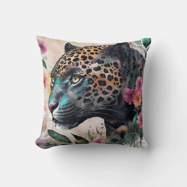 Cojín Decorativo Arte floral de acuarela jaguar (Anverso)