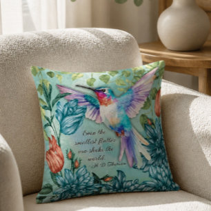 Cojín Decorativo Arte floral de colibrí con cita de Thoreau