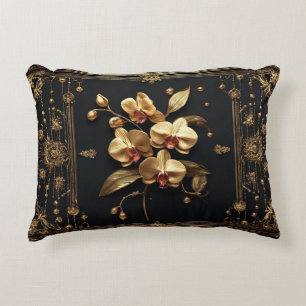 Cojín Decorativo Arte floral de orquídea dorada lujosa