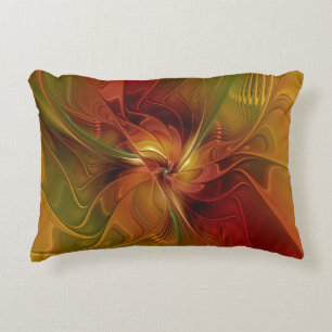 Cojín Decorativo Arte floral fractal abstracto rojo naranja marrón 