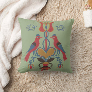 Cojín Decorativo Arte Folclórico Americano Antiguo Pájaros Corazón 