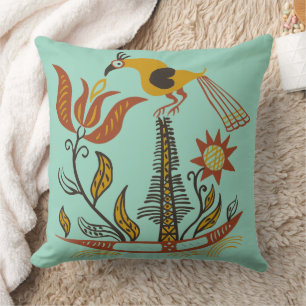 Cojín Decorativo Arte Folclórico Americano Antiguo Tulipán Pájaro C