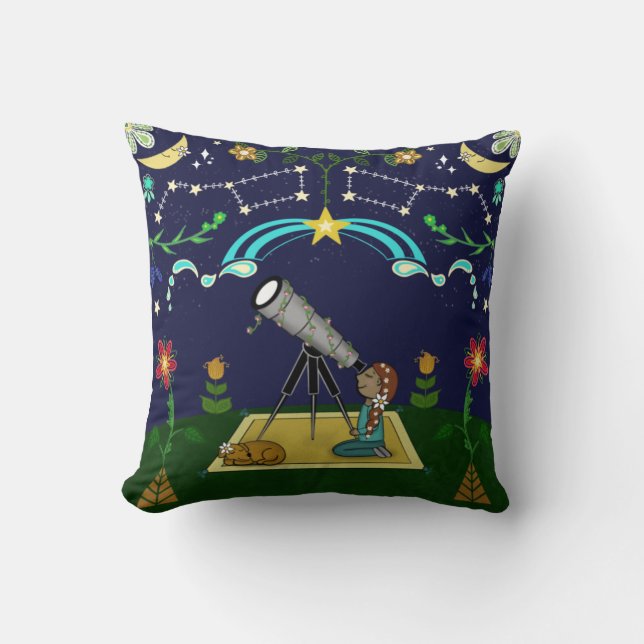 Cojín Decorativo Arte folclórico del cielo nocturno (Anverso)