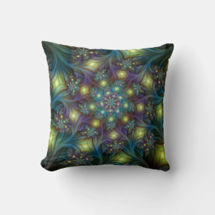 Cojín Decorativo Arte fractal abstracto iluminado brillante turques