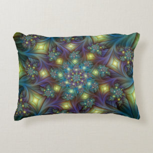 Cojín Decorativo Arte fractal abstracto iluminado brillante turques