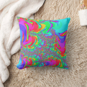 Cojín Decorativo Arte fractal de neón arcoíris vibrante retro aluci