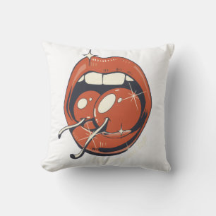 Cojín Decorativo Arte Gráfico de Labios Cereza Rojo Retro