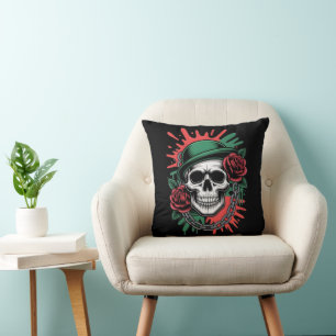 Cojín Decorativo Arte Gráfico Intenso: Cráneo con Sombrero Bowler y