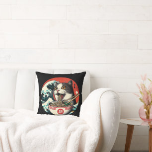 Cojín Decorativo Arte Japonés de Ramen de Gato Estilo Vintage