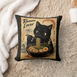 Cojín Decorativo Arte Japonés de Ramen Negro con Gato Divertido