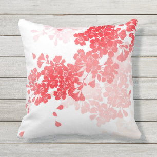 Cojín Decorativo Arte japonés rojo y flores rosadas florales