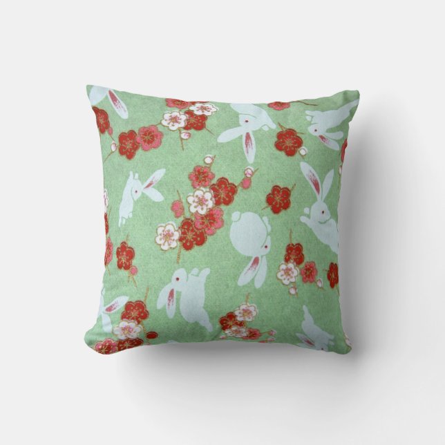 Cojín Decorativo Arte japonés - Sakuras y Conejos - Pillow (Anverso)