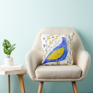 Cojín Decorativo Arte moderno de aves azules y amarillas en acuarel