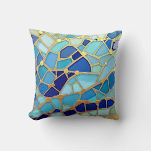 Cojín Decorativo Arte Mosaico Azul y Dorado del Mar de Olas