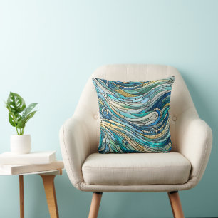 Cojín Decorativo Arte Mosaico Verde Azul Mar de Olas