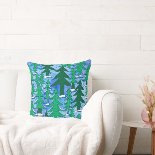 Cojín Decorativo Arte Naíf Bosque de Abetos Invernal Verde Azul