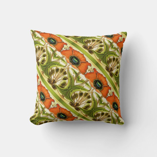 COJÍN DECORATIVO ARTE NOUVEAU POPPIES ROJOS ESTILIZADOS VERDES (Anverso)