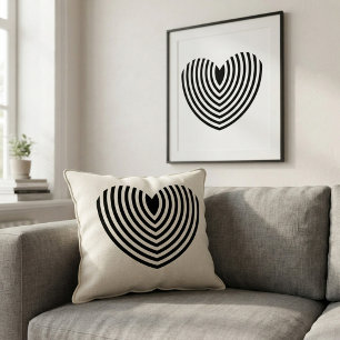 Cojín Decorativo Arte Op Moderno Corazón Concéntrico Blanco y Negro