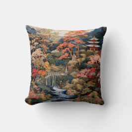 Cojín Decorativo Arte paisajístico japonés: Cascada y pueblo