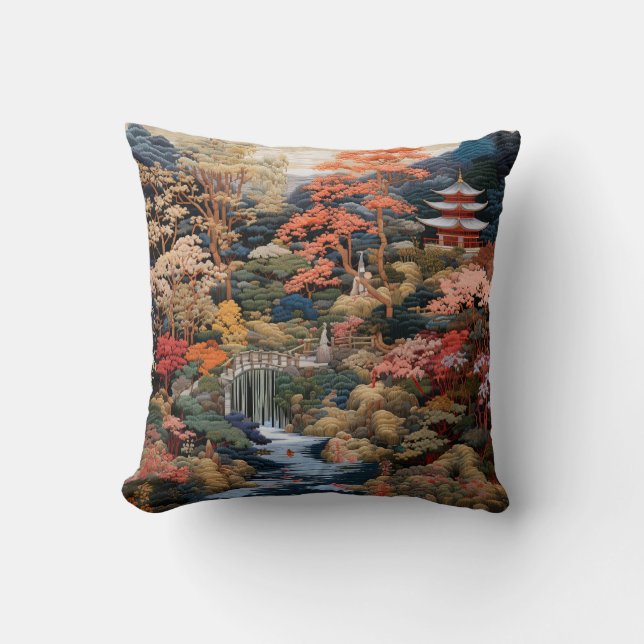 Cojín Decorativo Arte paisajístico japonés: Cascada y pueblo (Anverso)