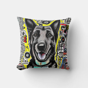 Cojín Decorativo Arte pop pastor alemán con GSD, azul rojo amarillo
