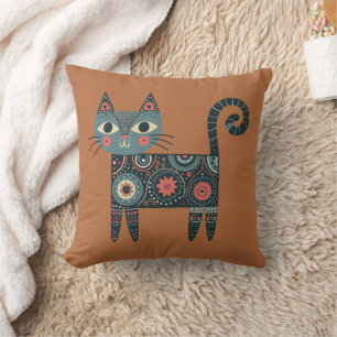 Cojín Decorativo Arte Popular Caprichoso Gato Retro Boho Arcilla
