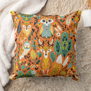 Cojín Decorativo Arte popular caprichoso patrón naranja animales de