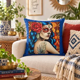 Cojín Decorativo Arte popular de Catrina mujer con cabello azul y r