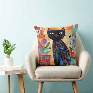 Cojín Decorativo Arte popular de gato negro (plantas en macetas)
