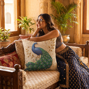 Cojín Decorativo Arte Popular de Pavón al Estilo Madhubani para Diw
