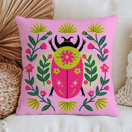 Cojín Decorativo Arte Popular Escarabajo Insecto Floral Rosa y Verd