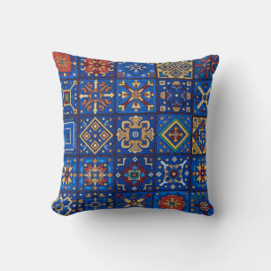 Cojín Decorativo Arte Popular Geométrico Azul Cobalto Bohemio