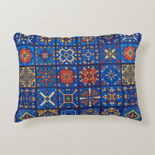 Cojín Decorativo Arte popular geométrico de azul cobalto bohemio