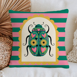 Cojín Decorativo Arte popular insecto sobre rayas rosadas y verdes 