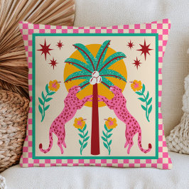 Cojín Decorativo Arte popular Leopardos con palmeras a cuadros BOHO