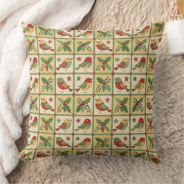 Cojín Decorativo Arte Popular Navideño Vintage Pájaros y Bayas de A