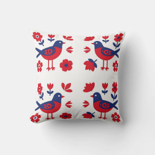 Cojín Decorativo Arte popular patrón floral pájaro rojo azul